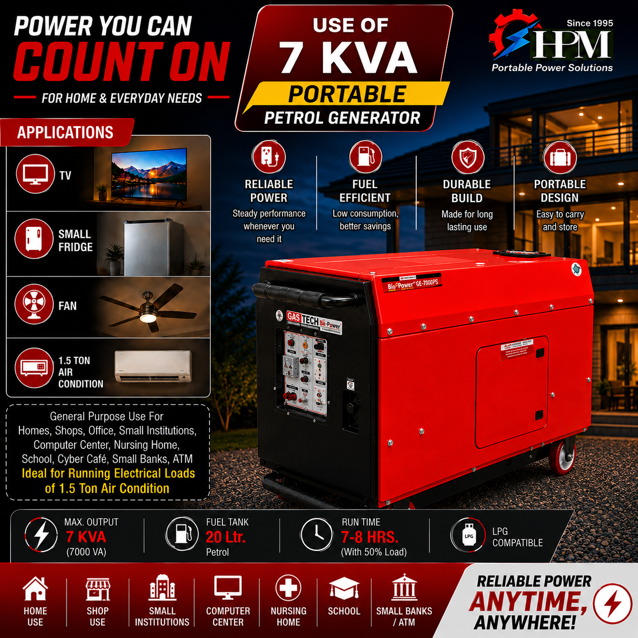 7 KVA  Petrol Generator, Model Silent GE-7500PS, Recoil & Self Start